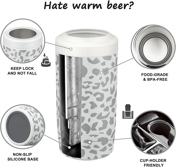 4-in-1 Slim Can Cooler Easy to Hold Insulated Beer Can Holder Double-walled Stainless Steel for All 12 Oz Cans Gift (White Leopard)