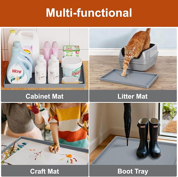 ukeetap 19" x 12" Extra Thick Silicone Mat Waterproof with Raised Edge, BPA Free Non-Slip Dog & Cat Food Mat, Feeding Mat for Food and Water Bowls, Spill Proof Mat to Protect Floors, Gray