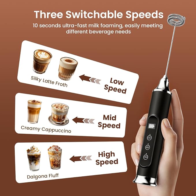 YUSWKO Black Milk Frother Wand for Coffee with Stand, Handheld Coffee Frother, Rechargeable Drink Mixer, Waterproof Electric Whisk