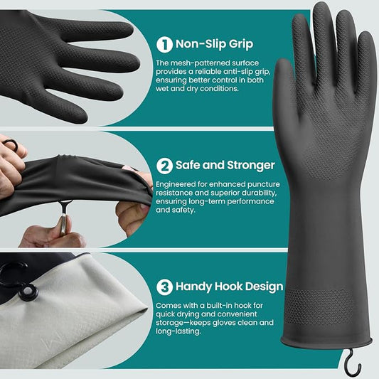 4 Pairs Rubber Dishwashing Gloves with Hanging Hooks - Reusable Cleaning Gloves for Kitchen & Household, Non-Slip, Durable and Flexible (Medium, 4 Colors: Black, Pink, Blue, Purple)
