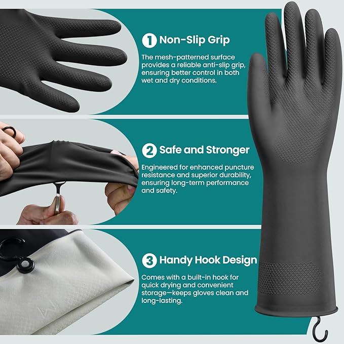 4 Pairs Rubber Dishwashing Gloves with Hanging Hooks - Reusable Cleaning Gloves for Kitchen & Household, Non-Slip, Durable and Flexible (Small, 4 Colors: Black, Pink, Blue, Purple)