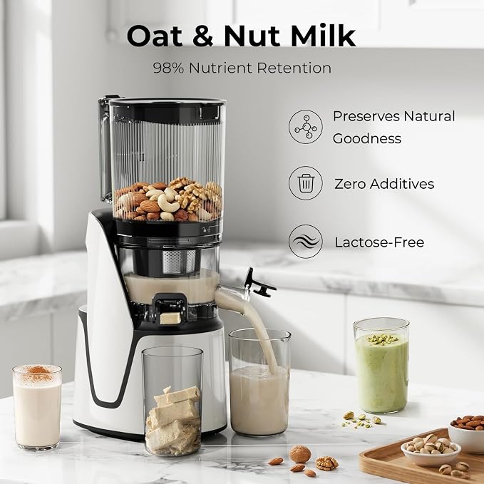 EanOruus Juicer Machines, 3-in-1 Cold Press Juicer, Bright White | Makes Juice, Nut Milk & Sorbet, 6.5" Extra Large Chute, 100oz Large Capacity, AC Motor
