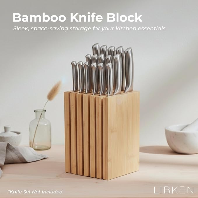 Bamboo Knife Block – Minimal Scandinavian Design, Universal Knife Holder with 6 Slots for Up to 18 Knives – Fits Paring, Chef, Steak, Butcher Knives & Scissors, Countertop Knife Block