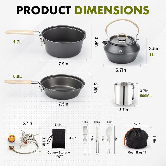 THTYBROS 27pcs Camping Cooking Set for 2-4 People, Portable Cookware Set with Kettle, Pots & Pans, Stainless Steel Utensils, Plates, Dishware for Backpacking, Picnic, Outdoor Adventures