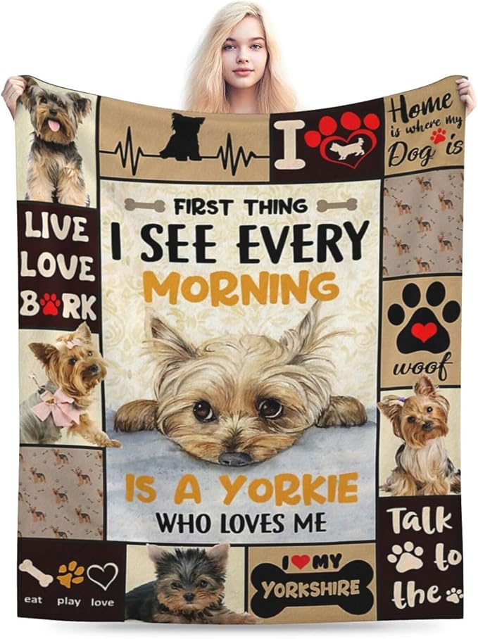 Funny Dog Blanket Soft Cute Kawaii Yorkshire Terrier Dog Plush Throw Blanket Cozy Lightweight Flannel Stuff Decor Fleece Blanket Gifts for Lovers Girls Boys Kids Adults Women Bed Travel 60"x80"