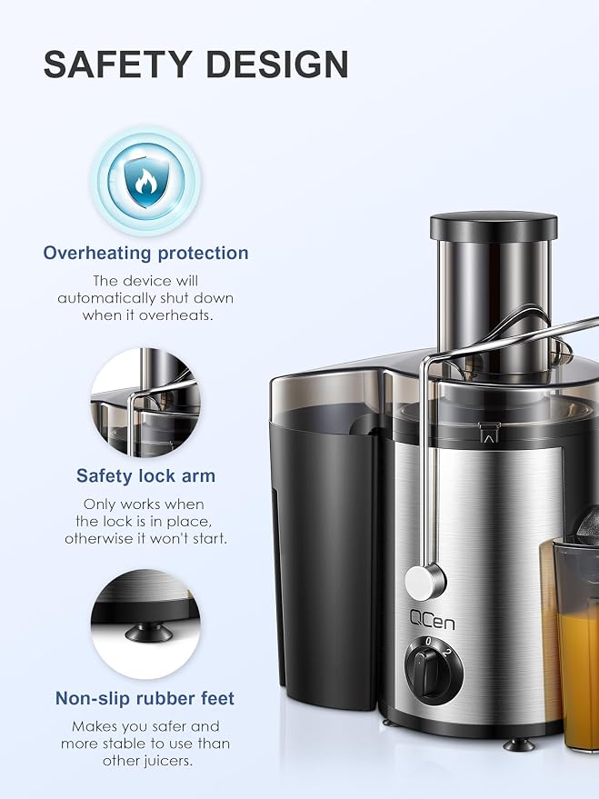 Qcen Juicer Machine, 500W Centrifugal Juicer Extractor with Wide Mouth 3” Feed Chute for Fruit Vegetable, Easy to Clean, Stainless Steel, BPA-free (Black) | For Fruits And Vegetables, Stainless Steel, BPA-Free Parts, Easy To Clean, Compact Countertop J...