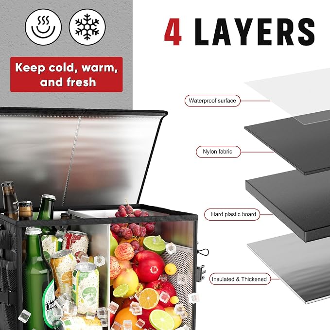 Grill Caddy with Lid, Foldable BBQ Caddy with Paper Towel Holder | 11 Compartments, Easy-Clean Aluminum Interior, 1680D Oxford Fabric, Water-Resistant, Shoulder Strap Included, Tailgating