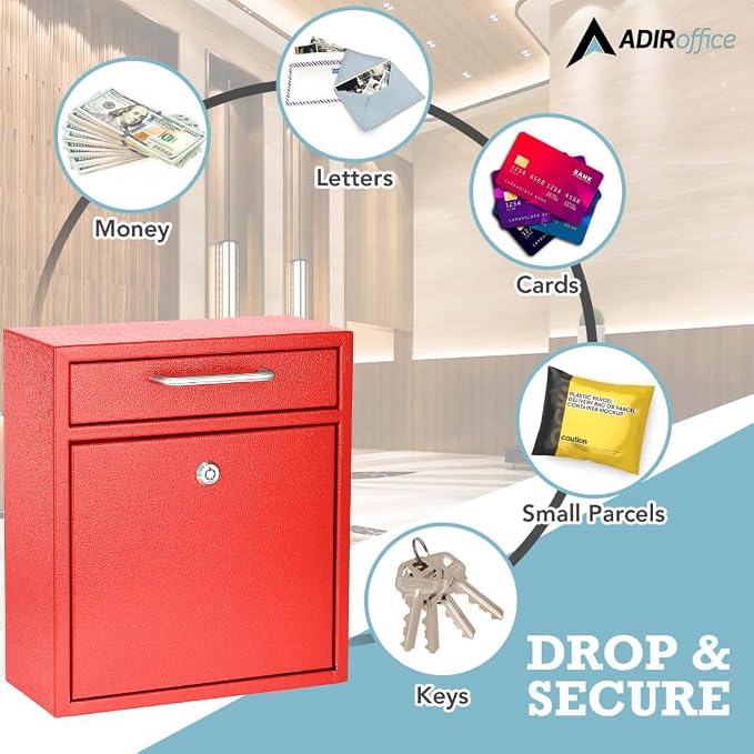 AdirOffice Wall Mount Mailbox - Mailbox with Lock and Keys- Durable Wall Mounted Locking Mailbox and Cash Drop Box for House, Apartments and Bussiness After Hours Deposits