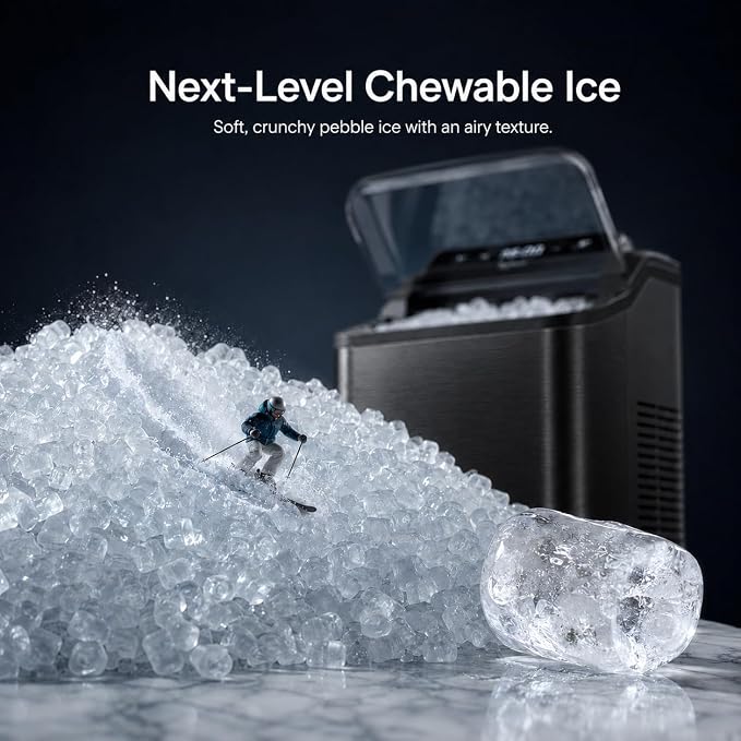 Typhur Fast Nugget Ice Maker Countertop, Chewable Pebble & Pellet Ice Machine with Self-Cleaning Pump & 8-Pack Cleaners, 35lbs/24H Crushed Ice for Kitchen, Bar, RV, Outdoor (Black Stainless Steel)