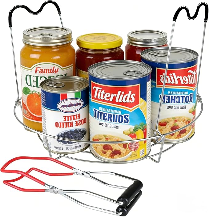 2PCS 12" Stainless Steel Canning Rack & Jar Lifter Tongs Set, Heat Resistant Handles Water Bath Canner Rack And Non-slip Jarring Kit for 6 Quart or 7 Pint Ball Jars in Pressure Canner Pot