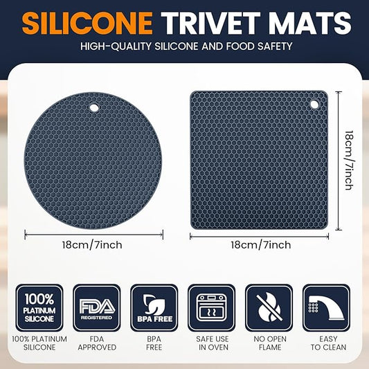 Silicone Trivet Mats 4 Heat Resistant Pot Holders Multipurpose Non-Slip Hot Pads for Kitchen Potholders, Drying mat, Jar Opener, Spoon Holder, Coaster(Navy Blue)