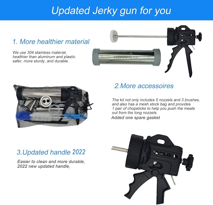 Large Capacity Stainless Steel Jerky Gun Kits, Sausage Stuffer Machine, Meat Gun, Beef Jerky Maker with 5 Stainless Nozzles 3 Brushes