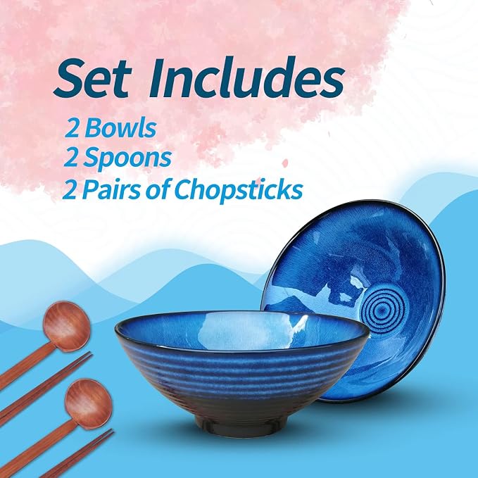 NJCHARMS Ceramic Ramen Bowl Set of 2, 42 oz Japanese Noodle Soup Bowls with Spoons and Chopsticks for Ramen Soup Pho Udon Asian Noodles, Large Noodle Bowls(Blue)
