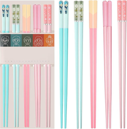 5 Pairs Reusable Chopsticks Dishwasher Safe, Fiberglass Premium Japanese Chines Korean Chopsticks for Sushi Noodles Ramen, Non-slip Chop Sticks, Lightweight, 9.6 inches- Green&Pink-E