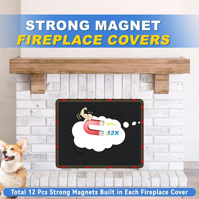 Magnetic Fireplace Cover, Fireplace Draft Stopper with 12 Pieces Strong Magnets, Fireplace Blanket for Heat Loss, Air Blocker for Winter and Summer, 42"x34", Black