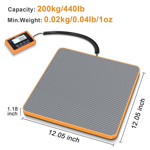 THINKSCALE Shipping Scale, 440lb, 10g/1oz Postal Scale, Hold/Tare | Carbon Fiber Platform – Anti-Slip & Lightweight, Backlit LCD Easy Read, for Packages & Mail. Battery + AC adapter included