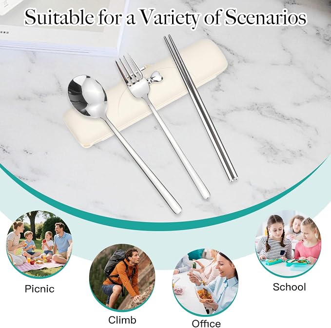 Reusable Travel Utensils with Case, Portable Cutlery for Work | Cute Silverware Set for Lunch Box, Stainless Steel Spoon Fork Chopsticks for Camping, Picnic, Food-Grade, Dishwasher Safe