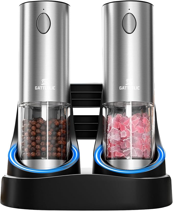 Electric Salt and Pepper Grinder Set, Automatic Pepper Mill Grinder w/Upgraded Charge Base and LED Light,Adjustable Coarseness,Rechargeable Black Peppercorn & Sea Salt Spice Mill Set