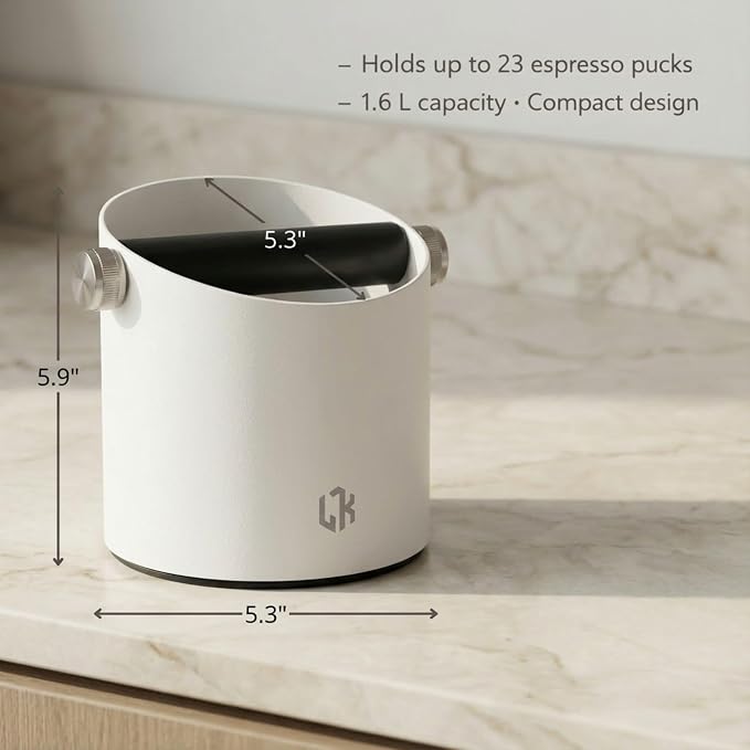 Espresso Knock Box White – Coffee Knock Box Stainless Steel, 23-Puck Large Capacity Coffee Puck Knock Box with Non-Slip Base & Quiet Bar for Espresso Machine