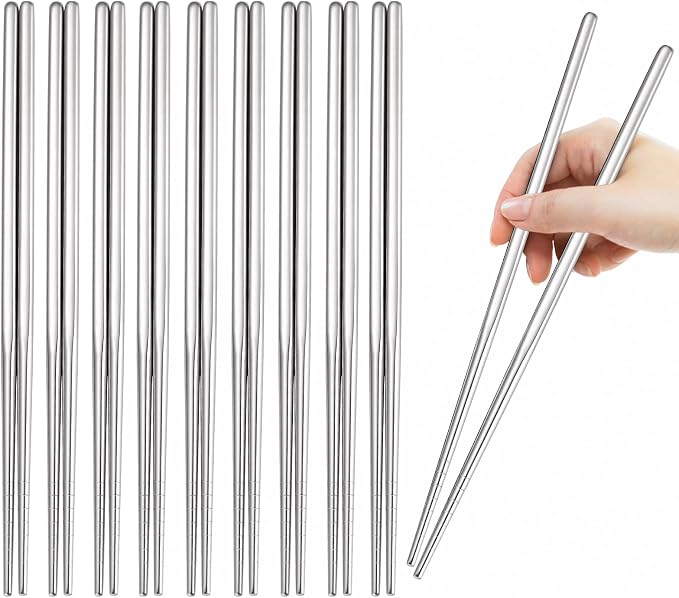 10 Pairs Chopstick Set Stainless Steel 304 Silver Reusable Chop Sticks Lightweight Metal Tableware Square Non-Slip Dishwasher Safe Kitchen Dinning Utensils Gift