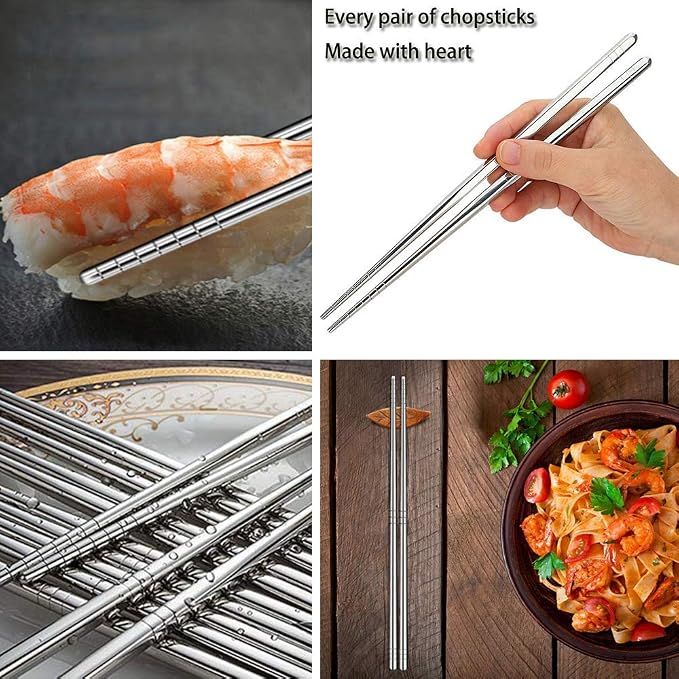 5 Pairs Metal Chopsticks, Stainless Steel Chopsticks Set, Reusable, Lightweight 304 Non-Slip Chop Sticks, Dishwasher Safe, Japanese Korean for Cooking, 8.9 Inch, Silver