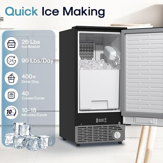 ICEPURE 15" Under Counter Ice Maker with Filter and Drain Pump, WiFi Control, ETL FCC, 90lbs/24H, Self-Cleaning, Smart Reminder, 24H Timer, Freestanding for Home Residential Commercial Stainless Steel