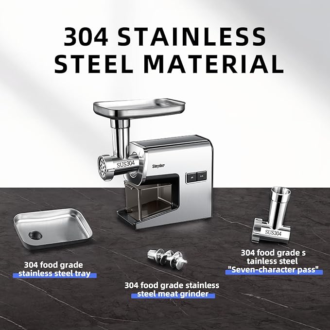 Sinyder 3000W Electric Meat Grinder 304 Stainless Steel Heavy Duty Mincer | Pure Copper Motor, Metal Gears, Dishwasher-Safe 304 Stainless Steel, 2 Blades & 3 Plates, Sausage Stuffer Tubes & Kubbe Kit
