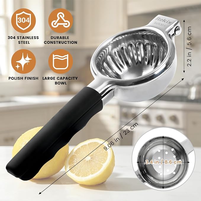 Rekix 304 Stainless Steel Lemon Squeezer, Max Extraction Hand Press Lemon Juicer, 3.4" Bowl Extra Large Orange Juicer, Manual Lime Squeezer, Handheld Citrus Fruit Squeezer for Kitchen Bar