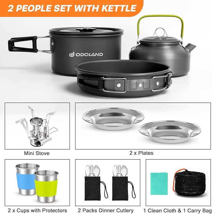Odoland 16pcs Camping Cookware Mess Kit, with Folding Camping Stove | Anodized Aluminum, for Hiking, Outdoor Cooking and Picnic, 1.9L Pot 0.8L Kettle 0.86L Pan 3000W Stove, Little Compact Pot Set