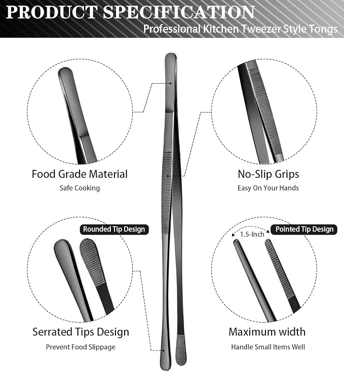 JETKONG 2 Pcs 10-Inch Kitchen Tweezers Tongs with Precision Serrated Tips, Stainless Steel Chef Tweezer Professional Cooking Tweezers for BBQ, Plating and Serving (10-Inch, Black)