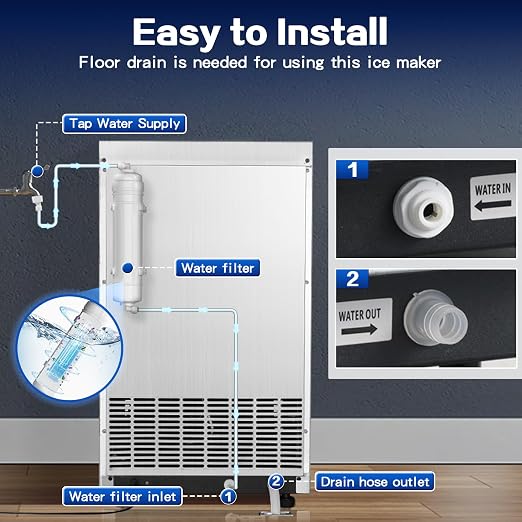 Amzgachfktch Commercial Ice Maker, 110lbs/24H Ice Maker Machine w/ 25 lbs Storage, 45 Ice Cubes in 12 Mins, Auto Self-Cleaning, Blue Light, Under Counter/Freestanding Ice Machine for Home Bar