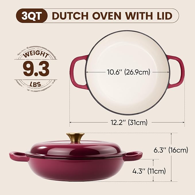 Vintage Style 3 Quart Enameled Cast Iron Braiser, Non Stick Enameled Cast Iron Skillet with Lid, Dutch Oven Skillet with lid up to 500°F for Oven, Stove, Grill, Shallow Dutch Oven for Cook, Bake (Rose)