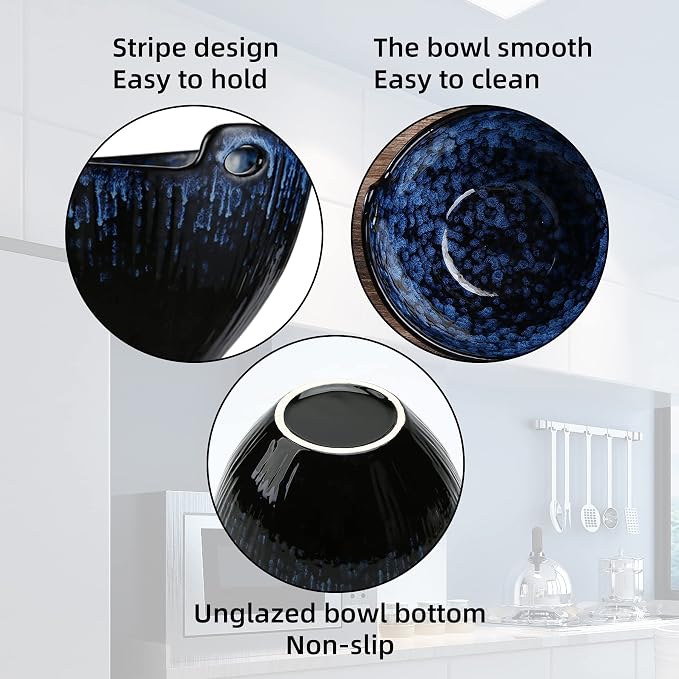 Ramen Bowl with Chopsticks and Spoons Set, 7 Inch Ceramic Noodle Bowl Set of 2, Donburi Bowl Dishwasher Safe for Pho Udon Soba Noodle Salad Pasta, Special Reactive Glazed Navy Bowls Set
