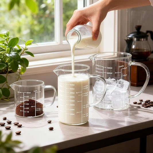 77L 3 Pack Glass Measuring Cup Set (1 1/4, 2 & 4 Cup) [Insulated handle, V-Shaped Spout], High Borosilicate Liquid Glass Measure Cup for Kitchen, Easy To Read, Dishwasher, Freezer, and Microwave Safe