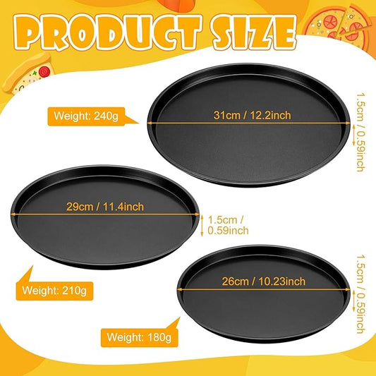 Pizza Pans 10.23/11.4/12.1 Inches Set of 3 Black Stainless Steel Non Stick Pizza Baking Pans Tray Round Serving Plate for Pie Cookie Cake Baking Grilling