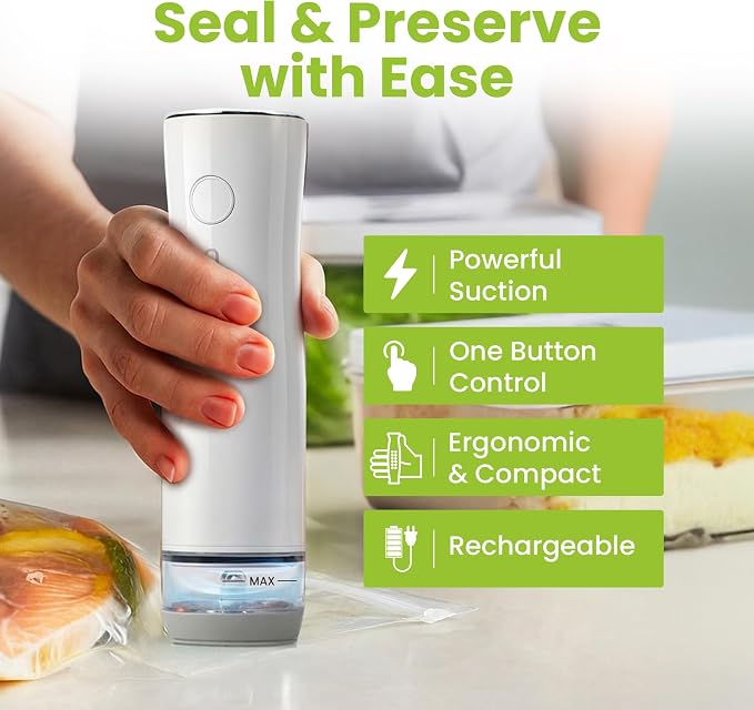 Portable Handheld Vacuum Sealer for Food with 32 Reusable Bags, Compact & Powerful Food Vacuum Sealer with Visible Liquid Tank, Digital Display and 6X Freshness Lock for Meal Prep & Storage