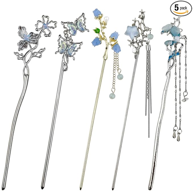 5PCS Butterfly Flower Hair Sticks for Buns Long Hair Chinese Hanfu Asian Vintage Hair Chopsticks Metal Silver Hair Bun Updo Holders Long Hairpins for Women Girls