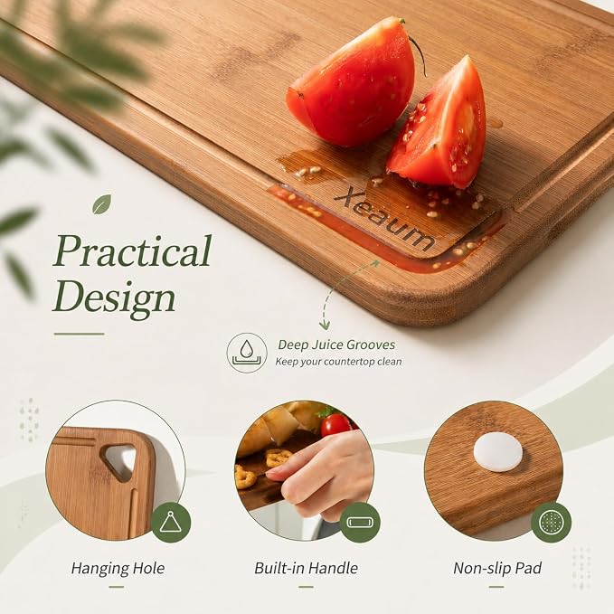Bamboo Cutting Board for Kitchen, 3-Piece Wooden Cutting Board Set with Juice Grooves, Side Handles, Non-Slip Mats, Reversible Boards for Meat, Vegetables, Fruit, Kitchen Gift