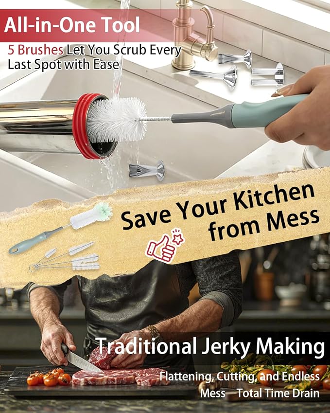 2LB Jerky Gun Kits, Sausage Stuffer, Stainless Steel Beef Meat Maker, Beef Stick Gun, Jerky Shooter Cannon with 5 Versatile Nozzles, 5 Cleaning Brushes and 1 Meat Pusher, Gifts for Women Men