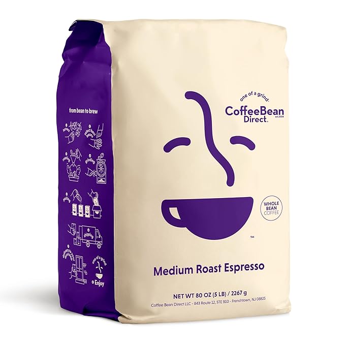 Coffee Bean Direct Medium Roast Espresso, Whole Bean Coffee, Medium Roast, 5 Pound Bag (Pack of 1)