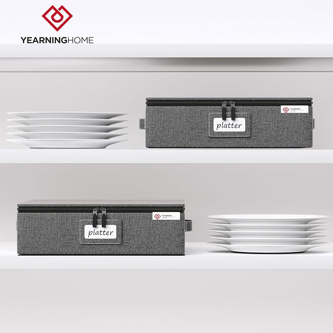 YearningHome China Storage Containers Hard Shell Box for Moving Dishes, Plate, Wine and Glasses, Dinnerware, Mugs, Saucers Quilted Organizer Dividers for Packing China Storage 2 Pack Platter Storage