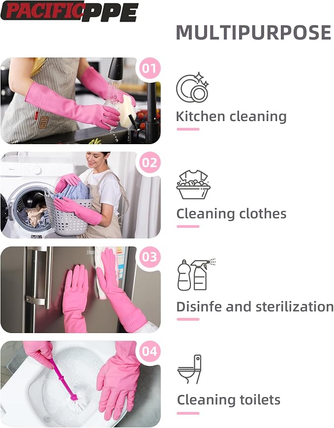PACIFIC PPE 2 Pairs Reusable Rubber Gloves for Washing Dishes and Cleaning Tasks, Water Resistant Household Gloves for Kitchen Bathroom, Grippy Latex Dish Washing, Pink, Large