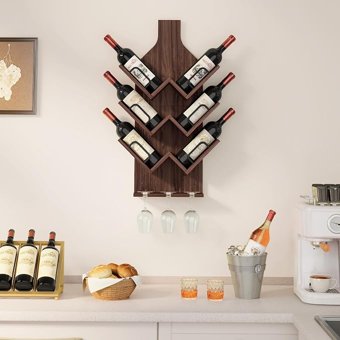 Hoctieon Wine Rack Wall Mounted, 6 Bottles Wood Wine Rack for Display and Storage, Hanging Bottle Holder Bar Shelves for Living Room, Kitchen, Dining Room, Wine Cellar, Walnut
