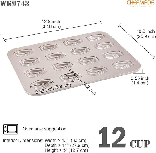 CHEFMADE Mini Madeleine Mold Cake Pan, 16-Cavity Non-Stick Tiny Oval Shell Madeline Bakeware for Oven Baking (Champagne Gold)