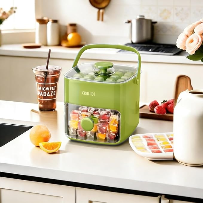 Ice Cube Maker, Ice Cube Tray with Lid and Bin, Portable Small Ice Maker, Handled Press-Type Ice Cube Trays for Freezer with Bucket Tongs for RV, Office, Mini Ice Cube Trays, BPA-Free (Green)