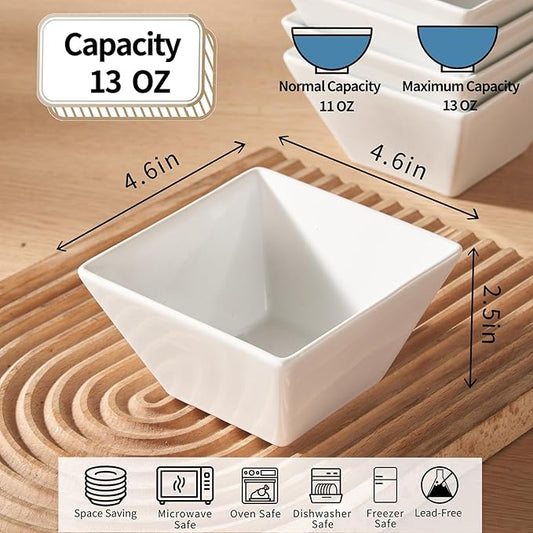 Porcelain Small Serving Bowls Set of 6, 13 Oz Square Cereal Bowls, 4.6" White Ceramic Dessert Bowls for Salad, Dip, Soup, Snack, Fruits, Small Portions, Dishwasher & Microwave Safe