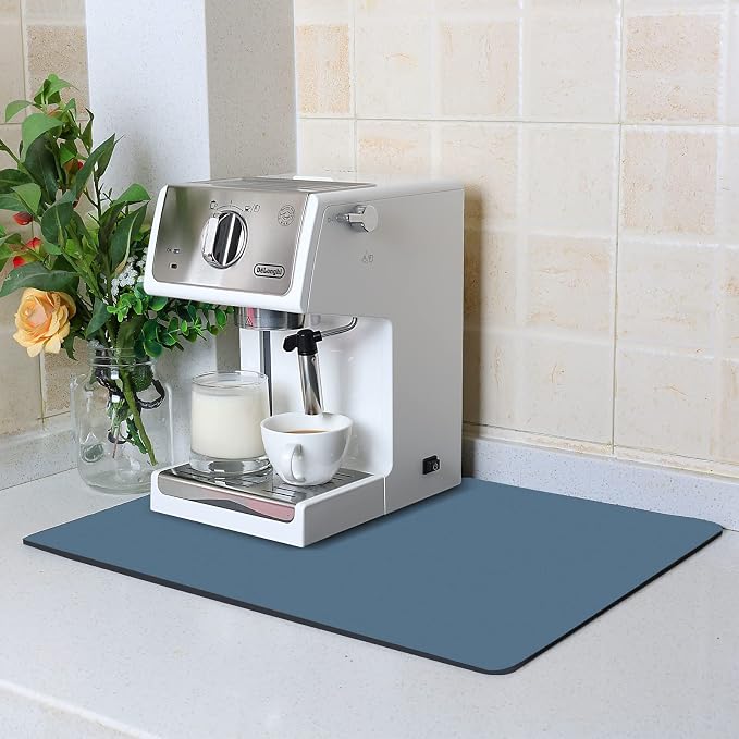 ZLR Coffee Bar Mat for Keurig & Nespresso, 12"x16" Small, Navy Blue | Absorbent Dish Drying Mat, Stain-Hiding PU Leather Top, Non-Slip Rubber Back, Heat-Resistant, Fits Frother & Pour-Over