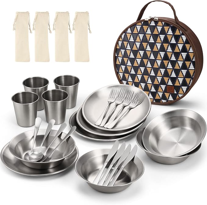 Odoland Stainless Steel Camping Mess Kit for Family & Person | Cooking Tableware Utensils with Plates Bowls Forks Spoons Knives & Savings Bag for Camping, Backpacking, Hiking, Picnic
