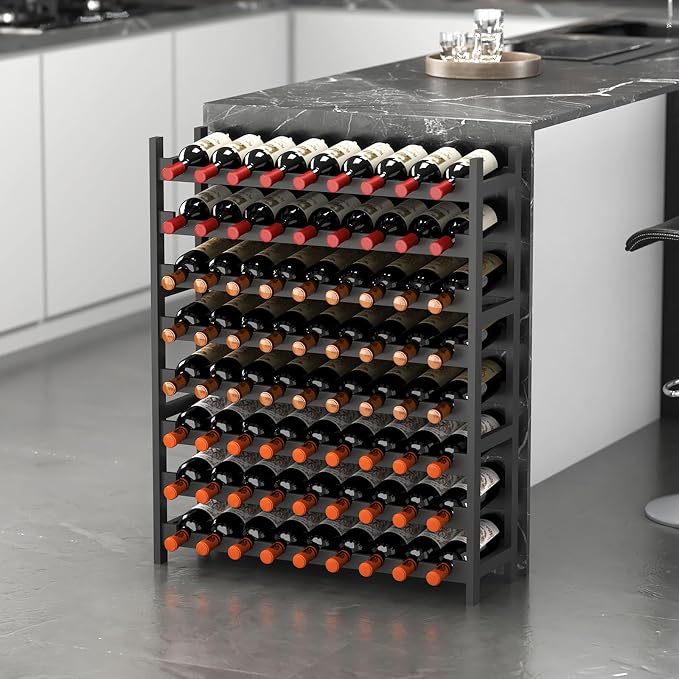 Bamboo Large Wine Rack, 8-Tier Freestanding Floor Bottle Storage Holder | 72-Bottle Storage | Wooden Wine Storage Organizer Shelves for Kitchen Bar, Cellar, & Dining Room | Black | Anti-Tip Kit