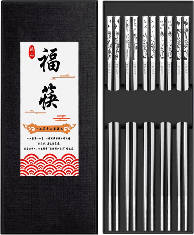 Stainless Steel Chopsticks - Laser-Engraved,Reusable metal chopsticks Non-Slip Tips, Dishwasher Safe Metal Utensils for Sushi, Cooking, Family & Gifts 9.25 Inches (Classic)